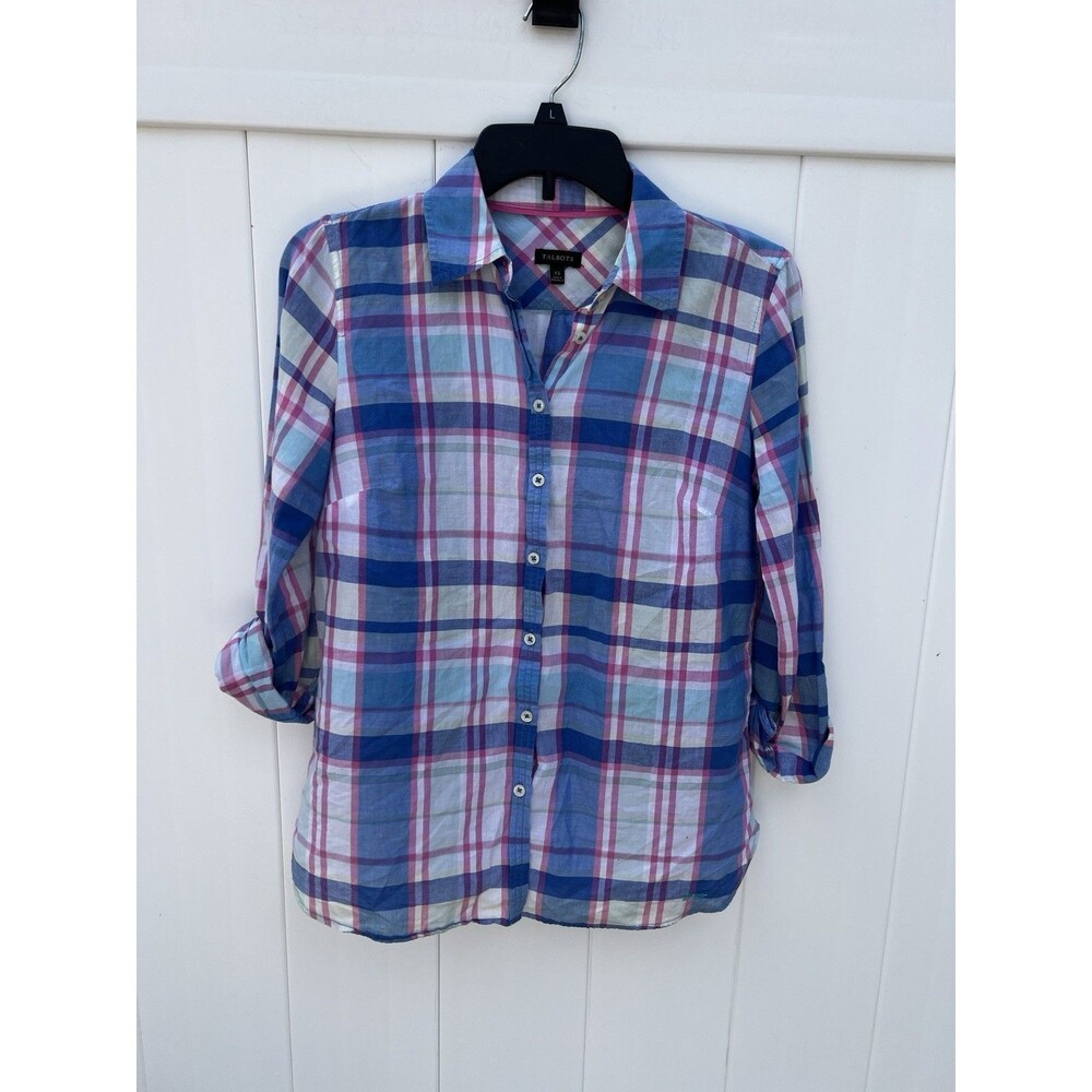 TALBOTS Womens XS Button Up Blouse Top Plaid Roll Tab Sleeve